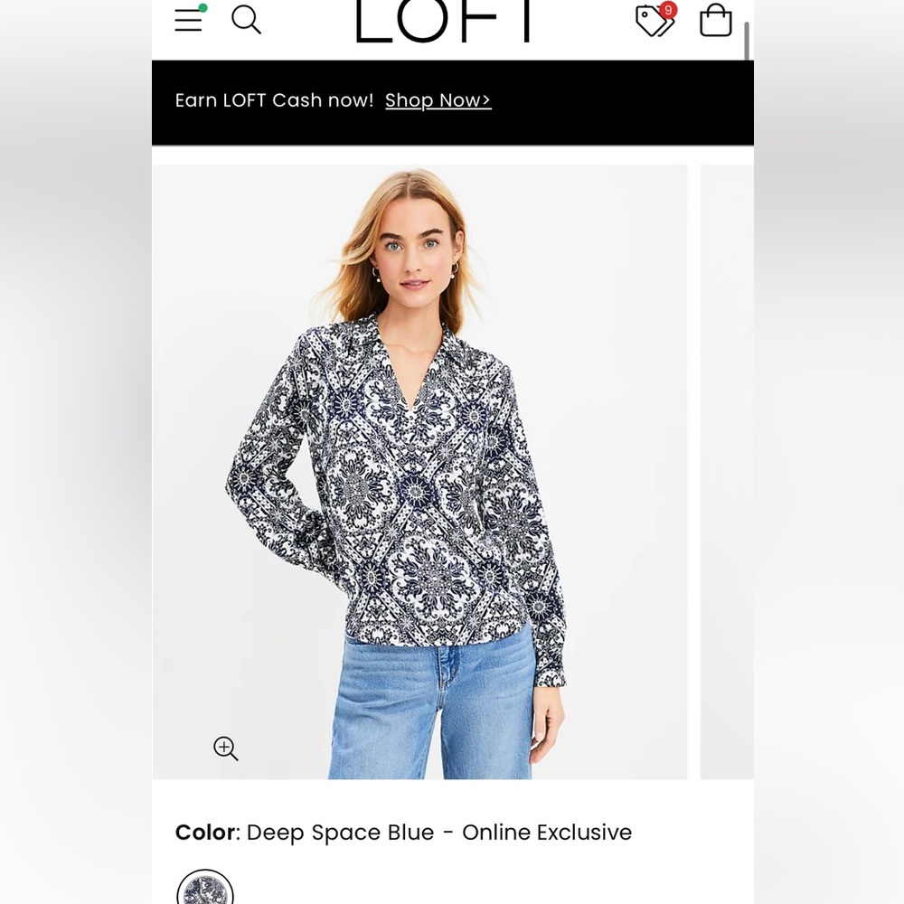 Collared V-Neck Blouse Navy & White